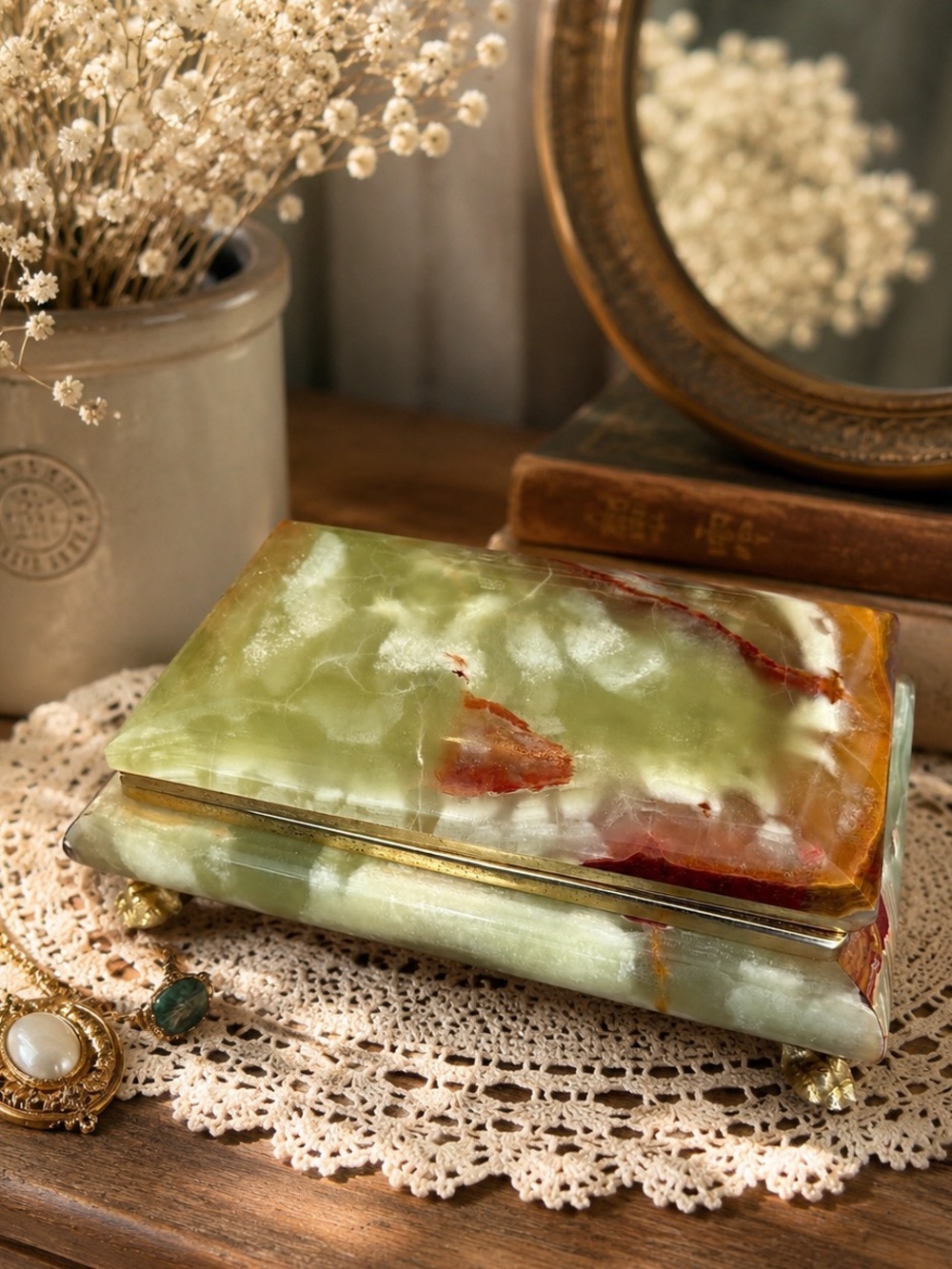 Vintage Green and Brown Onyx marble Italian Jewelry Box with Gold Feet
